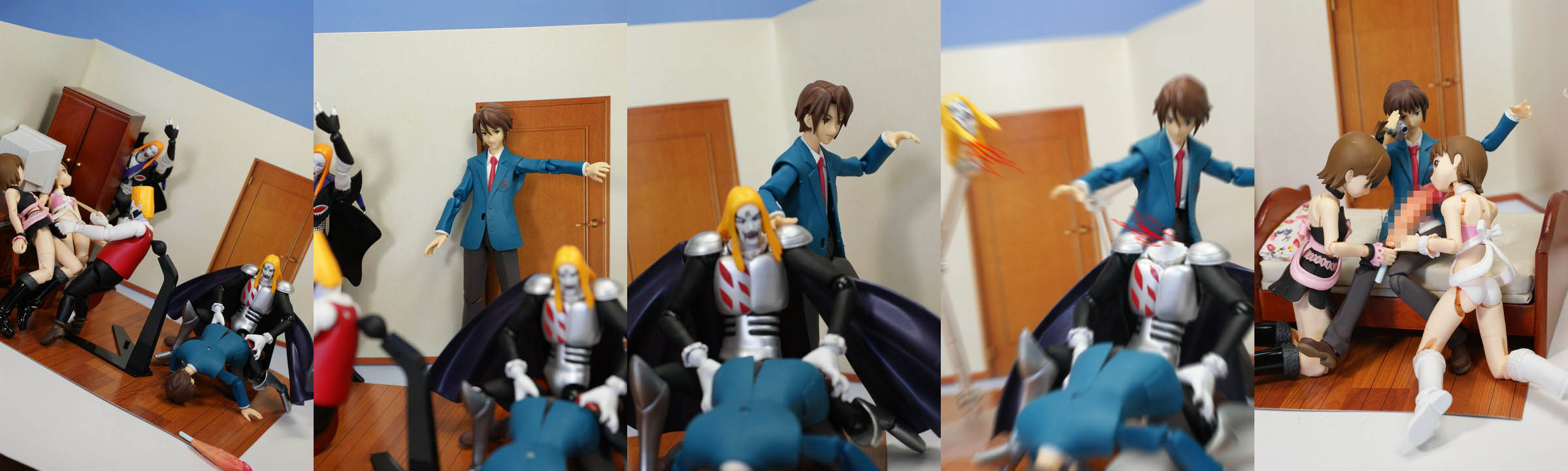 futami ami, futami mami, johannes krauser ii, koizumi itsuki, kyon, detroit metal city, figma, idolmaster, idolmaster (classic), idolmaster 1, suzumiya haruhi no yuuutsu, highres, long image, photo (medium), wide image, 00s, 2girls, 4boys, censored, crossover, cute & girly (idolmaster), figure, huge penis, loli, multiple boys, multiple girls, penis, siblings, sisters, twins, what