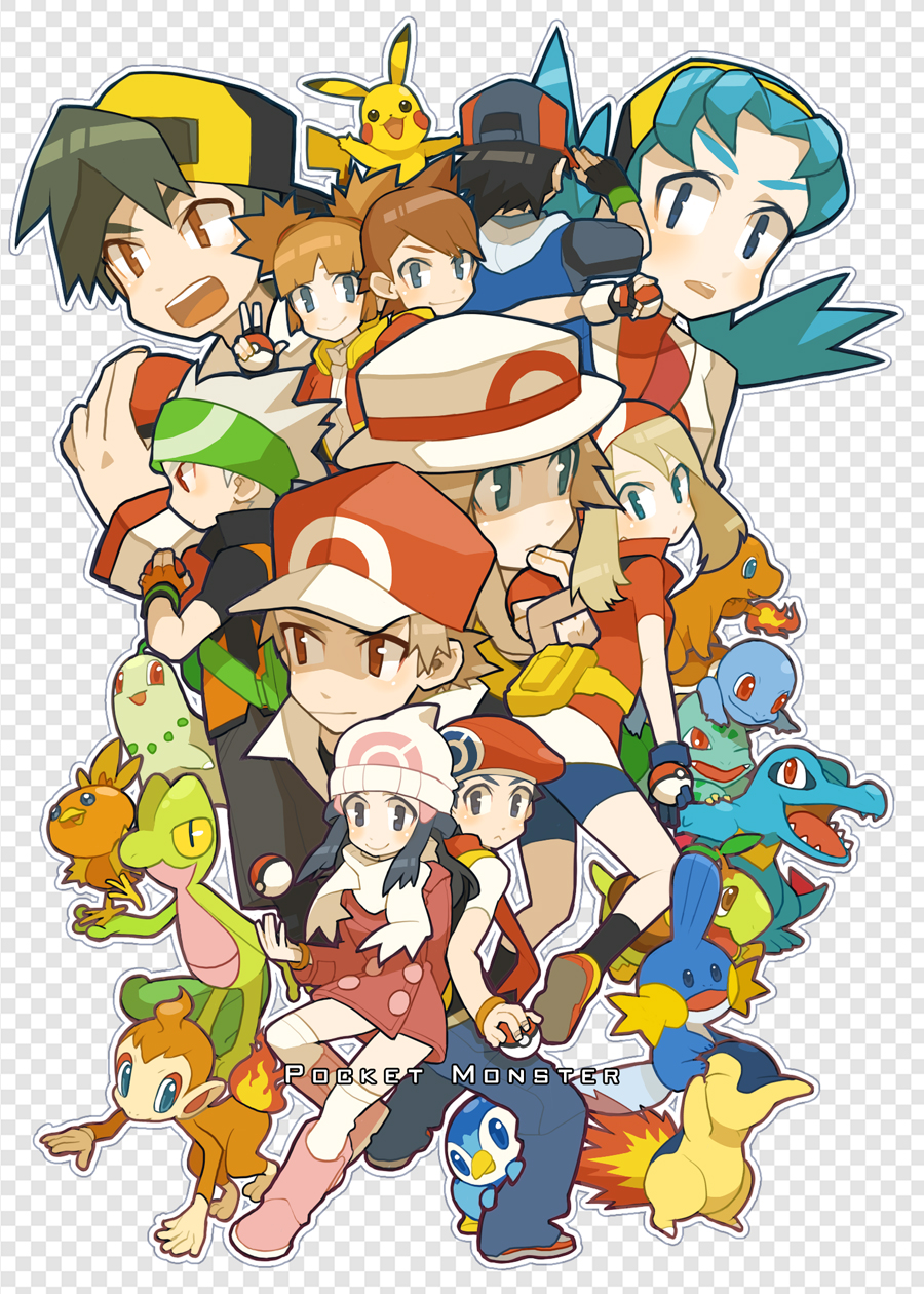 haruo (clownberry), ash ketchum, brendan (pokemon), brendan (pokemon emerald), bulbasaur, charmander, chikorita, chimchar, cyndaquil, dawn (pokemon), ethan (pokemon), ethan (pokemon) (classic), hitomi (pokemon ranger), kate (pokemon), kellyn (pokemon), kris (pokemon), leaf (pokemon), lucas (pokemon), may (pokemon), mudkip, pikachu, piplup, red (pokemon), red (pokemon frlg), squirtle, torchic, totodile, treecko, turtwig, nintendo, pokemon, pokemon (anime), pokemon dppt, pokemon frlg, pokemon gsc, pokemon ranger: shadows of almia, pokemon ranger (series), pokemon ranger vatonage, pokemon rgby, pokemon rse, bad id, bad pixiv id, highres, 00s, 1990s (style), 5girls, 6+boys, :<, alternate costume, bandana, baseball cap, beret, black hair, blue eyes, blush, boots, brown hair, child, coat, copyright name, denim, fiery tail, fire, flame-tipped tail, gen 1 pokemon, gen 2 pokemon, gen 3 pokemon, gen 4 pokemon, happy, hat, hat tip, headband, holding, holding poke ball, in-franchise crossover, jacket, jeans, kneehighs, long hair, mudkipp, multiple boys, multiple girls, open mouth, pants, pink boots, poke ball, pokemon (creature), porkpie hat, red eyes, retro artstyle, scarf, short hair, short twintails, simple background, smile, socks, starter pokemon trio, tail, throwing, throwing poke ball, twintails, v, white hair, white socks, winter clothes