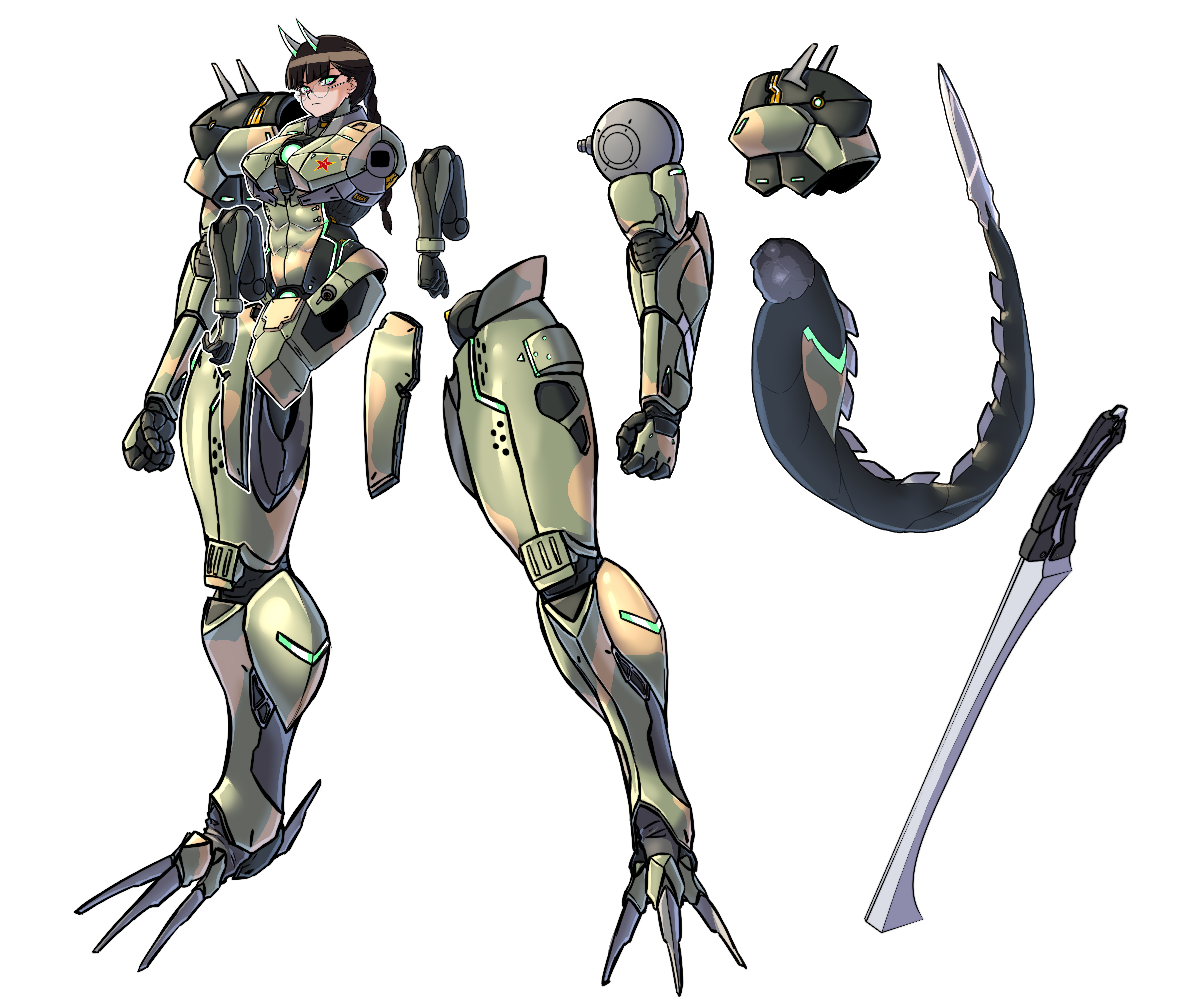 mold (pixiv6616319), original, absurdres, highres, 1girl, armor, arms at sides, braid, braided ponytail, brown hair, extra arms, full body, glasses, green eyes, horns, joints, looking at viewer, mecha musume, mechanical tail, robot joints, round eyewear, solo, standing, sword, tail, weapon, white background