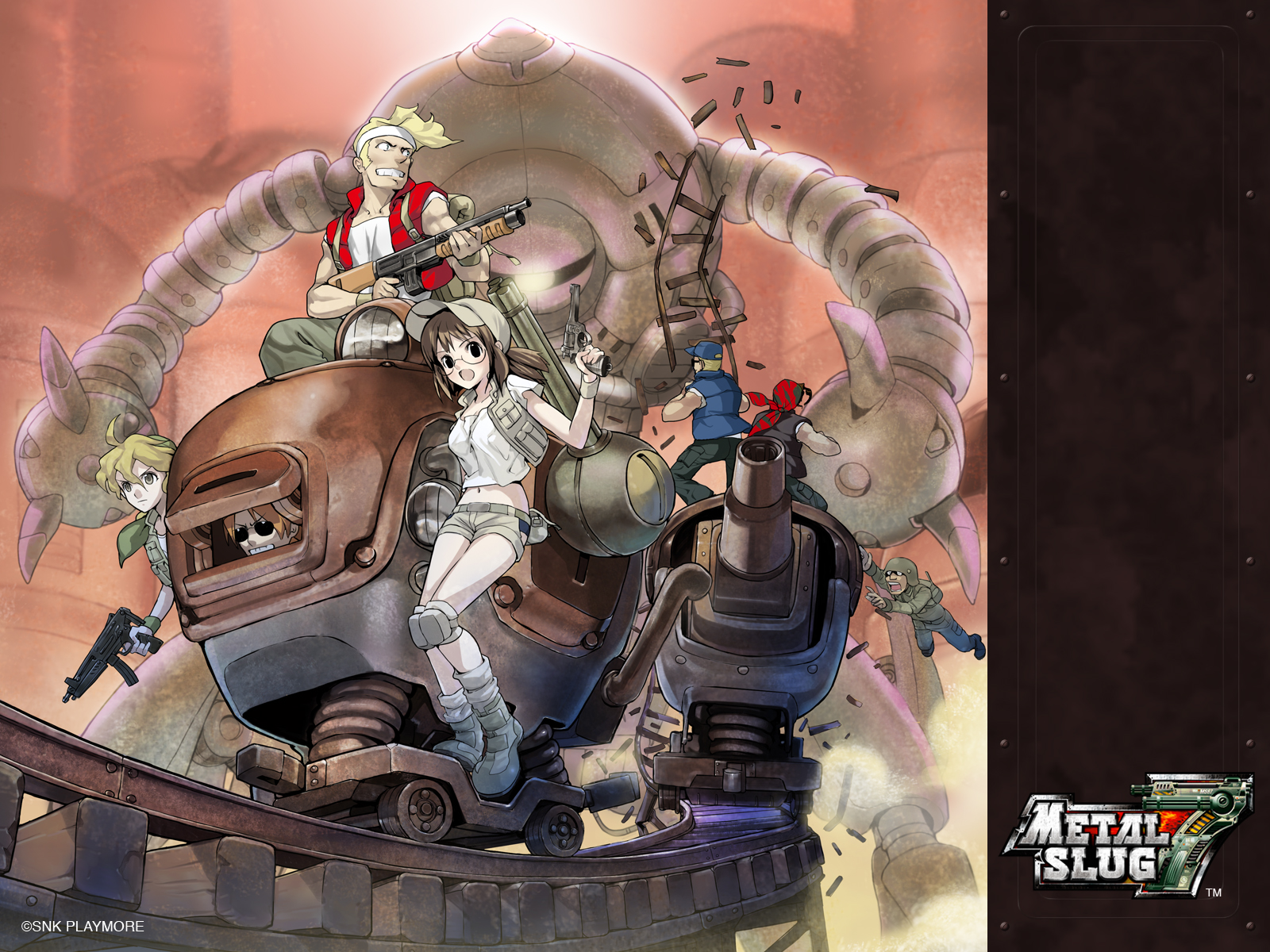 clark still, fio germi, kasamoto eri, marco rossi, ralf jones, tarma roving, metal slug, metal slug 7, highres, everyone, gun, weapon