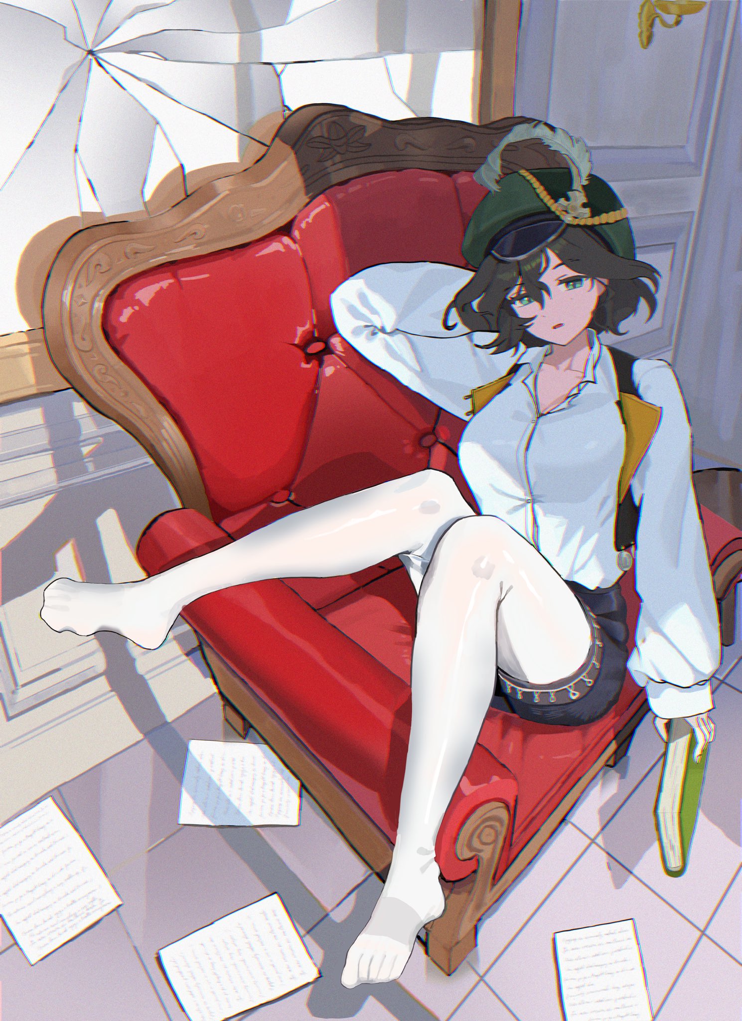recoleta (reverse:1999), reverse:1999, highres, 1girl, arm behind back, armchair, black shorts, black vest, book, breasts, brown hair, chair, full body, geurimgeurilkkeoryo?, green eyes, green hat, hand up, hat, hat feather, holding, holding book, large breasts, newsboy cap, no shoes, on chair, open clothes, open vest, panties, shirt, short hair, short shorts, shorts, sitting, sitting sideways, solo, underwear, vest, white panties, white shirt