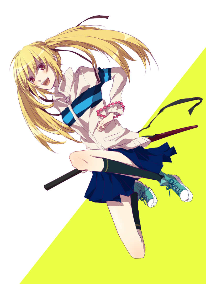 hakoda eko, shimizu raimei, nabari no ou, bad id, bad pixiv id, 00s, 1girl, beads, blonde hair, brown eyes, female focus, full body, hair ribbon, jacket, katana, ribbon, shoes, skirt, smile, socks, solo, sword, twintails, weapon
