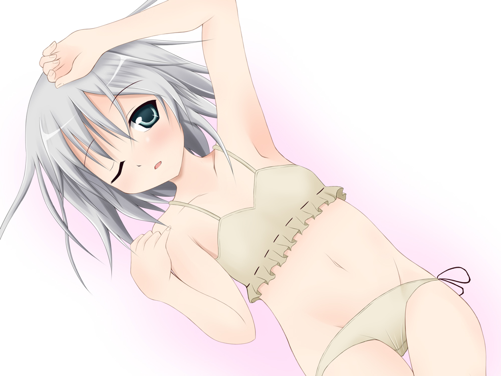 narumi (artist), narumi yuu (imitmoon), sanya v. litvyak, strike witches, world witches series, silver hair, 00s, 1girl, armpits, bra, female focus, green eyes, lingerie, lowleg, lowleg panties, navel, one eye closed, panties, short hair, side-tie panties, solo, thigh gap, thighs, underwear, underwear only, wink