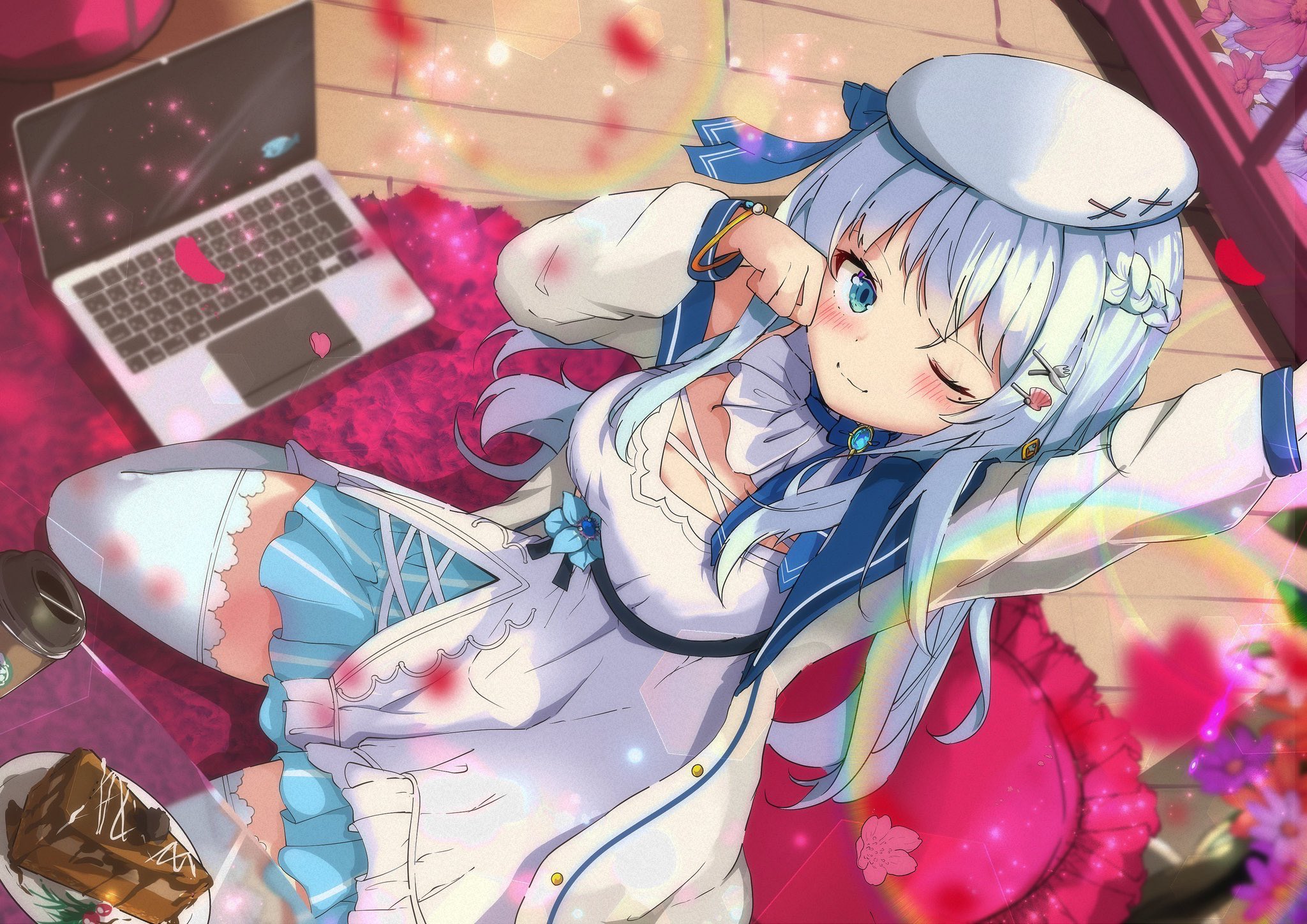 0344, nagino mashiro, nagino mashiro (1st costume), indie virtual youtuber, commentary request, commission, highres, second-party source, skeb commission, 1girl, beret, blue eyes, blue ribbon, blush, breasts, closed mouth, computer, dot nose, dress, fork hair ornament, hair ornament, hat, jacket, knee out of frame, knife hair ornament, laptop, long hair, long sleeves, looking at viewer, medium breasts, one eye closed, ribbon, seiza, shell, shell hair ornament, short dress, sitting, smile, solo, thighhighs, white dress, white hair, white hat, white jacket, white thighhighs, zettai ryouiki