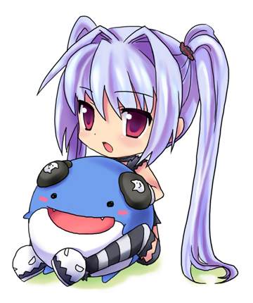 dolfini (pangya), kooh (pangya), pangya, silver hair, lowres, chibi, gloves, red eyes, socks, solo, thighhighs, twintails