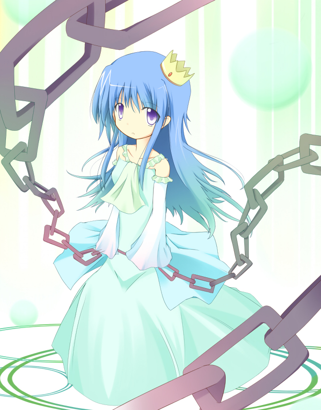 arin (pangya), pangya, blue hair, crown, dress, long hair, purple eyes, solo