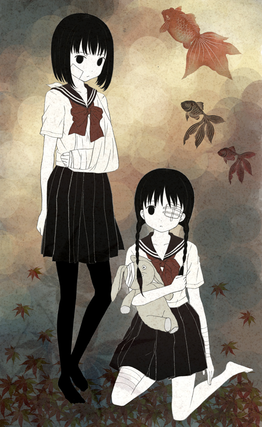 kahama youko, original, bad id, bad pixiv id, 2girls, arm sling, bandages, braid, cast, eyepatch, fish, goldfish, kneeling, leaf, maple leaf, multiple girls, pantyhose, rabbit, school uniform, serafuku, short hair, stuffed animal, stuffed rabbit, stuffed toy, twin braids