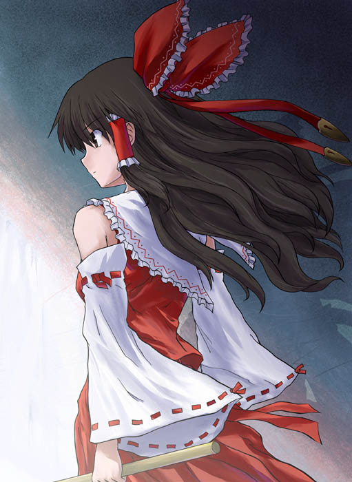 tsuyadashi shuuji, hakurei reimu, imperishable night, touhou, 1girl, bow, detached sleeves, dress, female focus, from behind, hair bow, hair tubes, japanese clothes, long hair, miko, red bow, red dress, ribbon-trimmed sleeves, ribbon trim, sidelocks, solo, very long hair