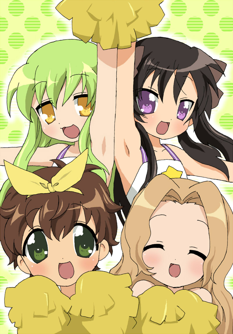 maruki (punchiki), c.c., kururugi suzaku, lelouch vi britannia, nunnally vi britannia, code geass, lucky star, 2boys, 2girls, :3, armpits, cheerleader, chibi, cosplay, multiple boys, multiple girls, parody, pom pom (cheerleading), ribbon