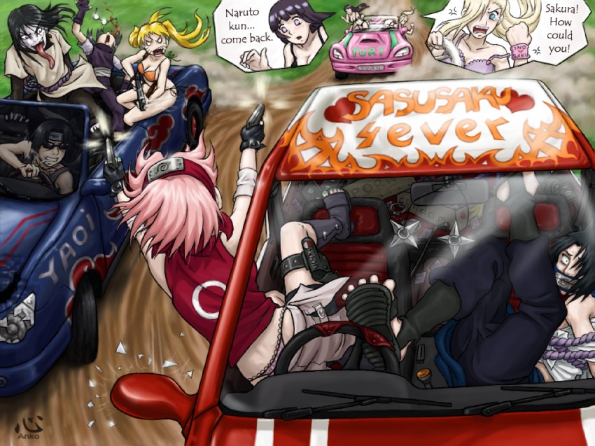 anna kokoro (anko), haruno sakura, hyuuga hinata, naruko (naruto), orochimaru, uchiha itachi, uchiha sasuke, uzumaki naruto, yakushi kabuto, yamanaka ino, fandom, naruto, vehicle, bikini, blonde hair, car, chasing, cigarette, driving, epic, genderswap, gun, hair over one eye, lace-trimmed panties, long hair, motor vehicle, panties, pink hair, pink panties, short hair, smoking, swimsuit, twintails, underwear, watermark, weapon, you gonna get raped