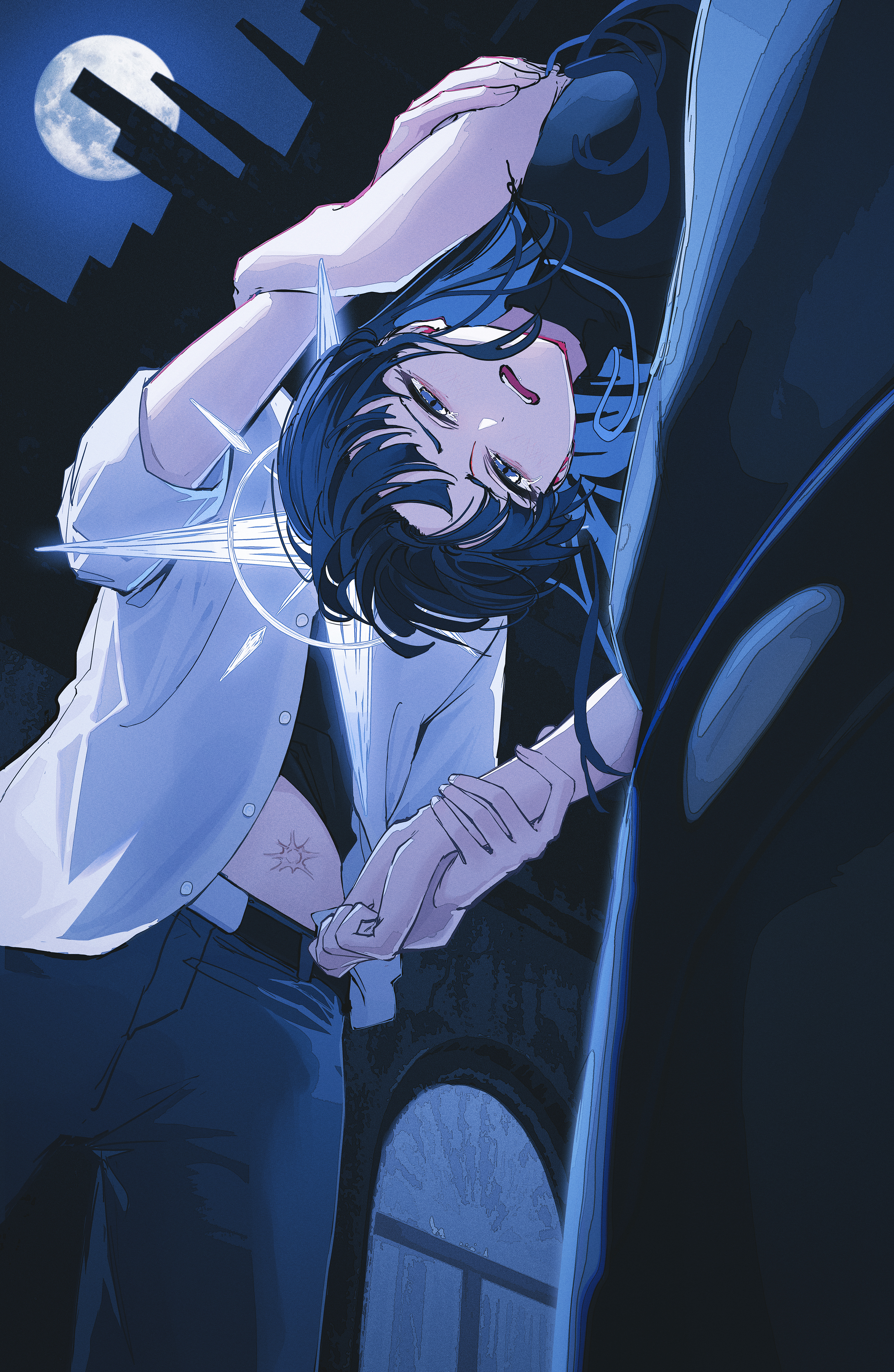 yodistira404, saori (blue archive), sensei (blue archive), blue archive, absurdres, highres, 1boy, 1girl, blue eyes, blue hair, blue halo, buttons, colored inner hair, full moon, gunshot wound, halo, moon, multicolored hair, night, pants, sad, shirt, white shirt
