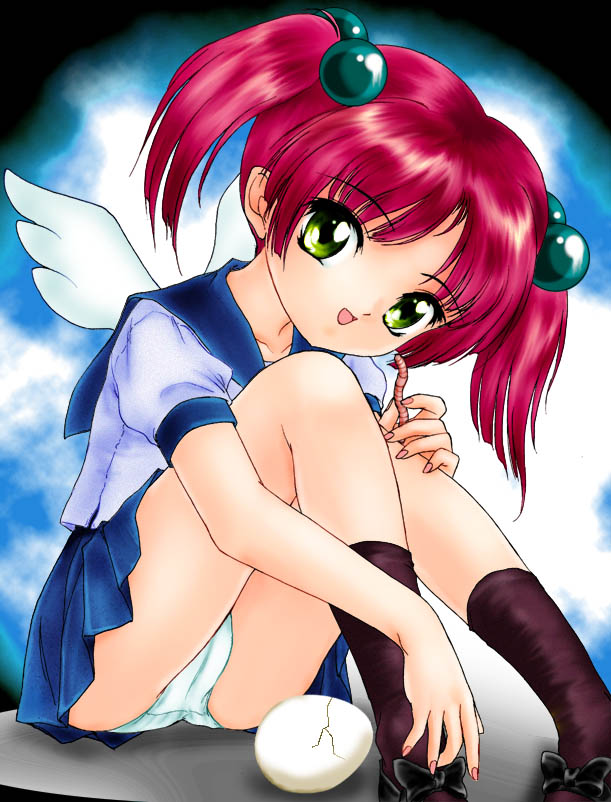 kounyan (heart quake plan), original, 1girl, earthworm, egg, female focus, green eyes, panties, pantyshot, purple hair, school uniform, serafuku, solo, twintails, underwear, wings