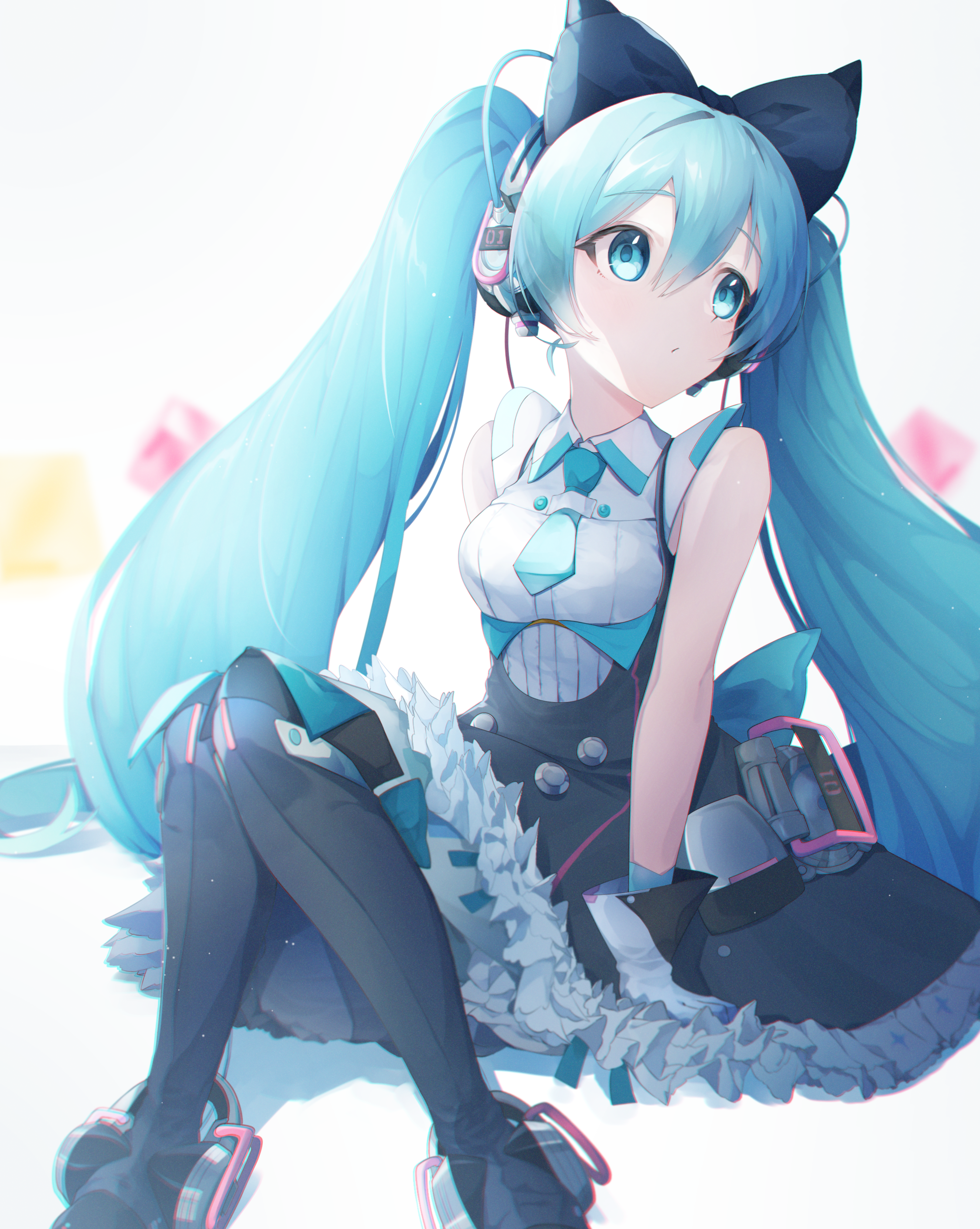 ketyara, hatsune miku, magical mirai miku, magical mirai miku (2016), magical mirai (vocaloid), vocaloid, absurdres, highres, 1girl, aqua eyes, aqua hair, aqua necktie, black pantyhose, black skirt, bow, breasts, dress, gloves, hair between eyes, hair bow, hair ornament, headset, long hair, medium breasts, necktie, official alternate costume, official alternate hairstyle, pantyhose, skirt, sleeveless, sleeveless dress, solo, twintails, very long hair, white dress, white gloves