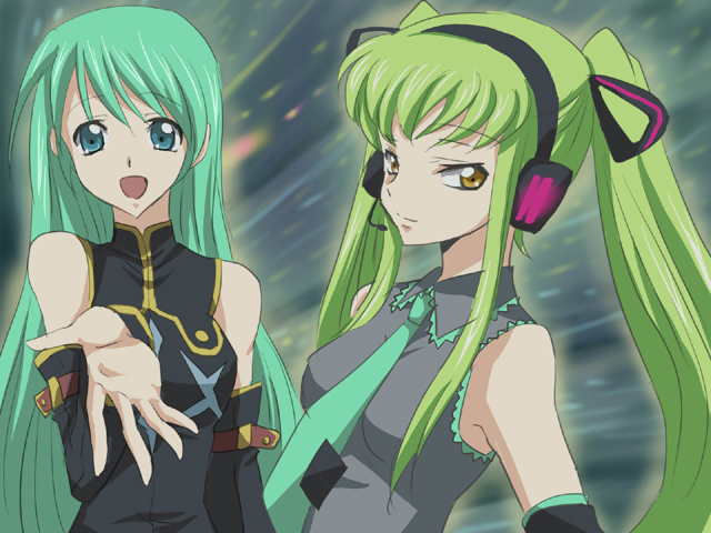 maruki (punchiki), c.c., hatsune miku, code geass, vocaloid, 2girls, alternate hairstyle, blue eyes, c.c. (cosplay), cosplay, costume switch, crossover, green hair, hatsune miku (cosplay), headphones, long hair, multiple girls, skirt, twintails, yellow eyes