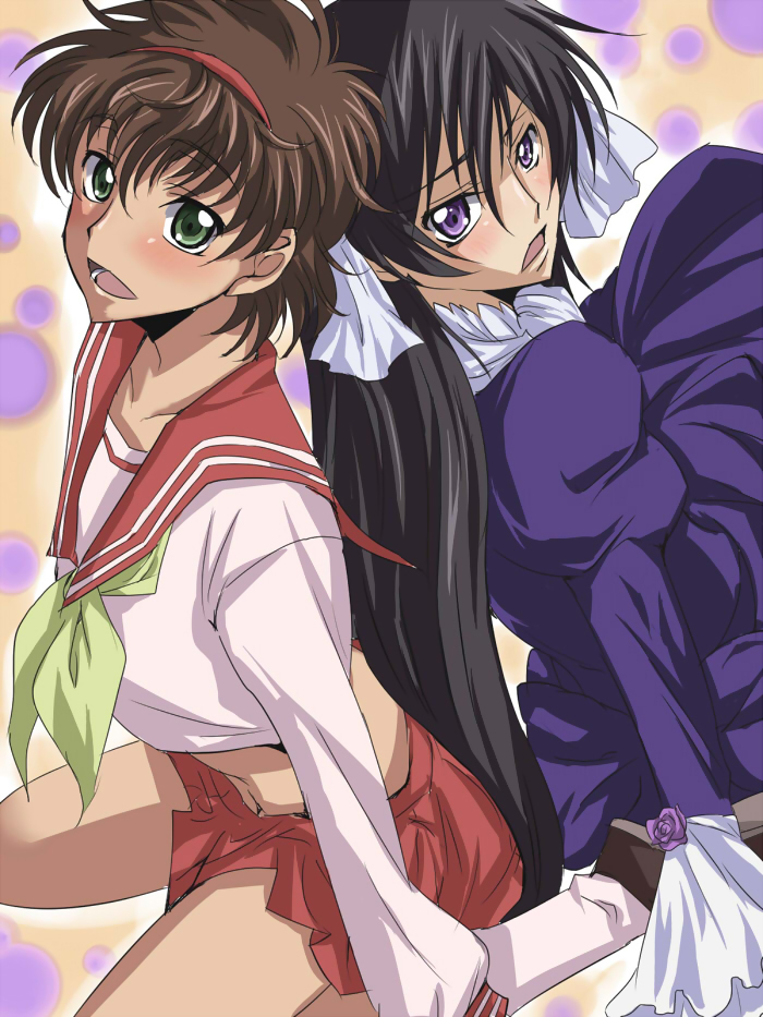 maruki (punchiki), kururugi suzaku, lelouch vi britannia, luluko, suzako, code geass, 00s, 2girls, black hair, brown hair, crossdressing, crossdressing (ftm), dress, genderswap, genderswap (mtf), green eyes, long hair, multiple girls, purple eyes, ribbon, school uniform, serafuku, short hair, skirt