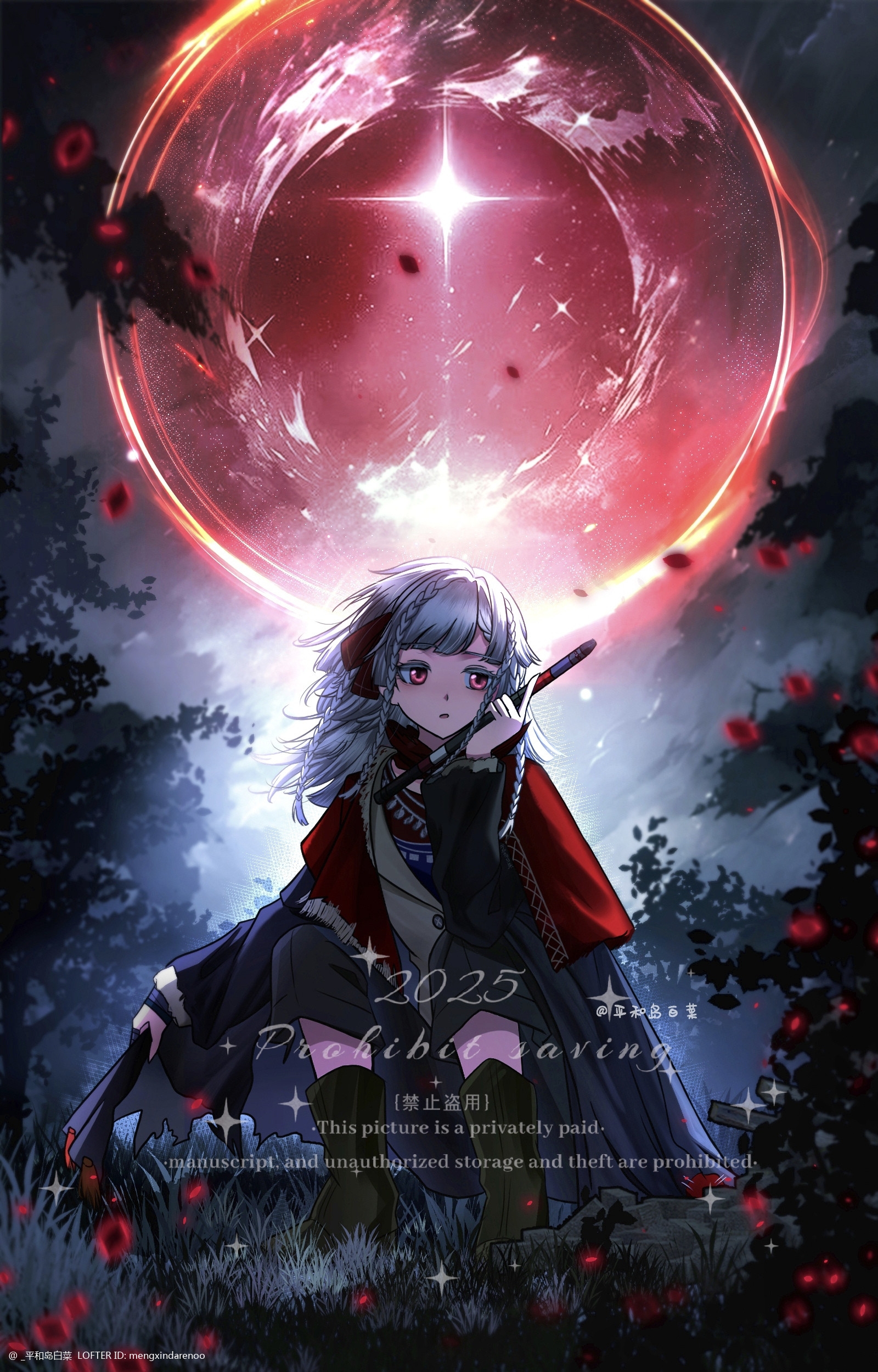 rubuska, reverse:1999, absurdres, highres, 1girl, :o, black boots, black coat, black pants, boots, cape, coat, flute, full body, full moon, grey hair, hand up, instrument, looking to the side, moon, multicolored hair, pants, pinghe dao baicai, red cape, red eyes, red moon, solo, sparkle, squatting, tree, watermark