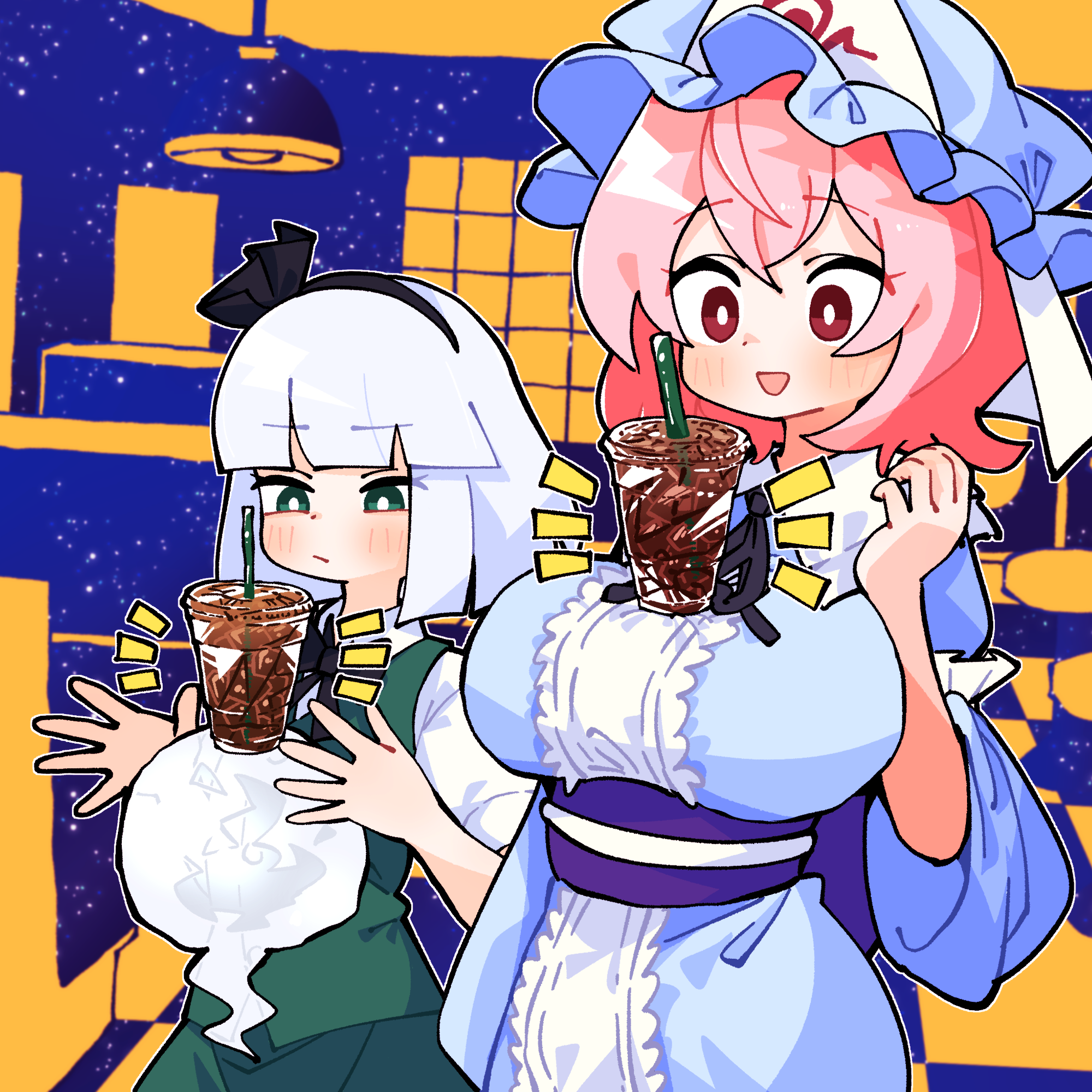 gram 9, konpaku youmu, konpaku youmu (ghost), saigyouji yuyuko, touhou, commentary, highres, 2girls, :/, balancing, black bow, black bowtie, black hairband, black ribbon, blue hat, blue kimono, blush, bow, bowtie, breasts, bright pupils, bubble tea challenge, closed mouth, collared shirt, cup, disposable cup, frilled kimono, frills, green eyes, green skirt, green vest, grey hair, hairband, hat, hitodama, japanese clothes, kimono, large breasts, long sleeves, mob cap, multiple girls, neck ribbon, obi, obijime, open mouth, pink eyes, pink hair, purple sash, red eyes, ribbon, sash, shirt, skirt, skirt set, sleeve garter, smile, triangular headpiece, vest, white pupils, white shirt