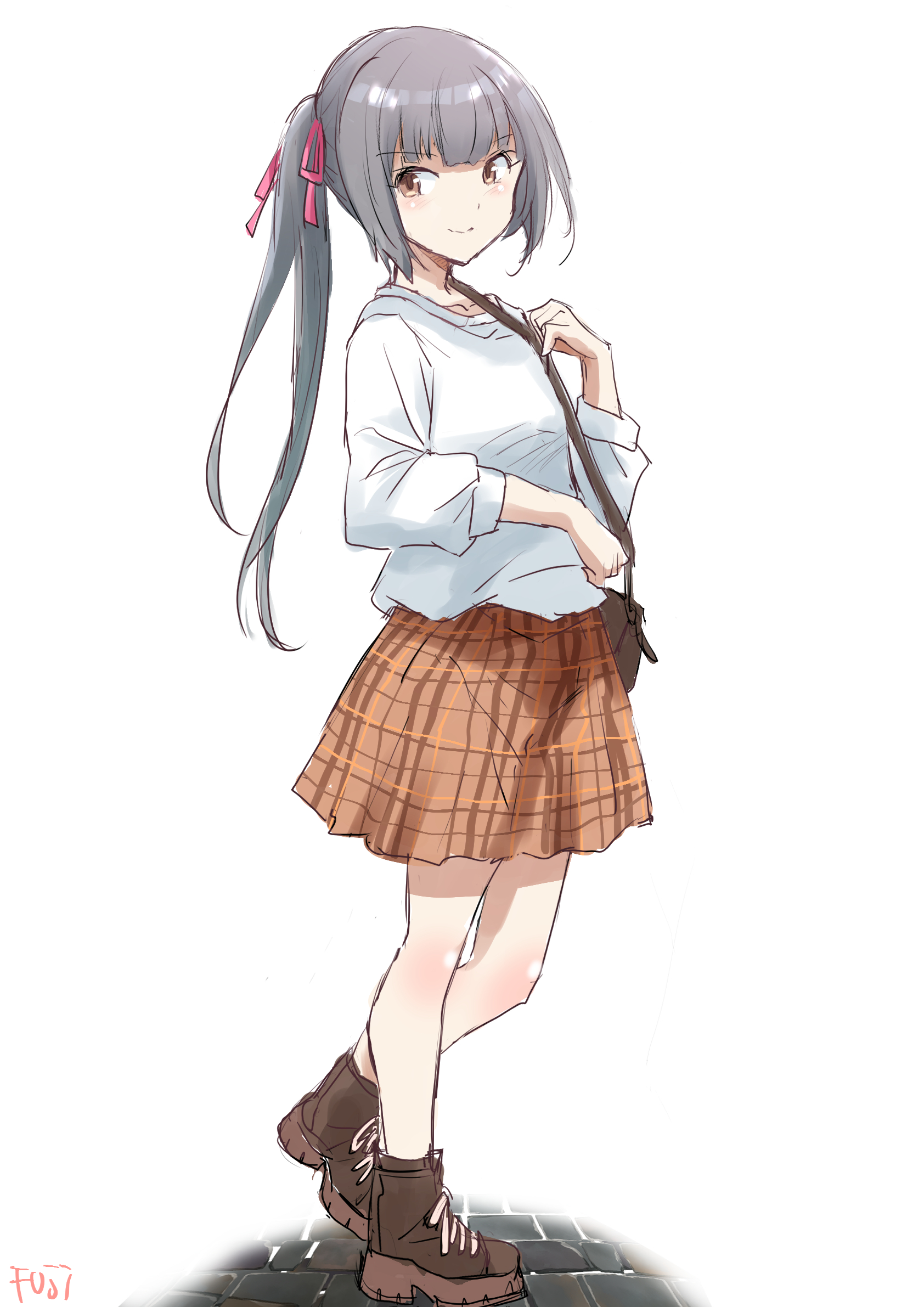 fuji (pixiv24804665), kasumi (kancolle), kantai collection, highres, 1girl, alternate costume, bag, boots, brown boots, brown eyes, full body, grey hair, long hair, plaid clothes, plaid skirt, shirt, side ponytail, simple background, skirt, solo, white background, white shirt