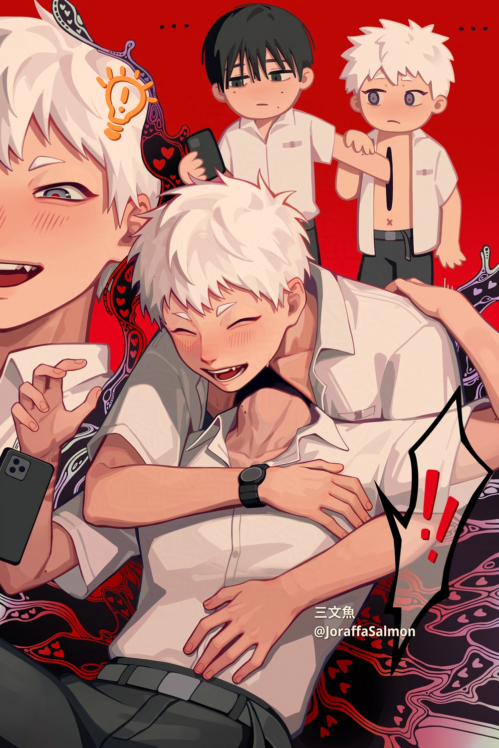 salmon (657931354), indou hikaru, tsujinaka yoshiki, hikaru ga shinda natsu, commentary request, highres, !, !!, …, 2boys, artist name, belt, black belt, black hair, black pants, buttons, cellphone, closed eyes, closed mouth, collared shirt, holding, holding phone, male focus, mole, mole on arm, mole on cheek, mole under eye, mole under mouth, multiple boys, multiple moles, multiple views, open clothes, open shirt, pants, phone, pocket, red pupils, shirt, shirt tucked in, short hair, short sleeves, smartphone, twitter username, watch, white hair, white shirt, wristwatch