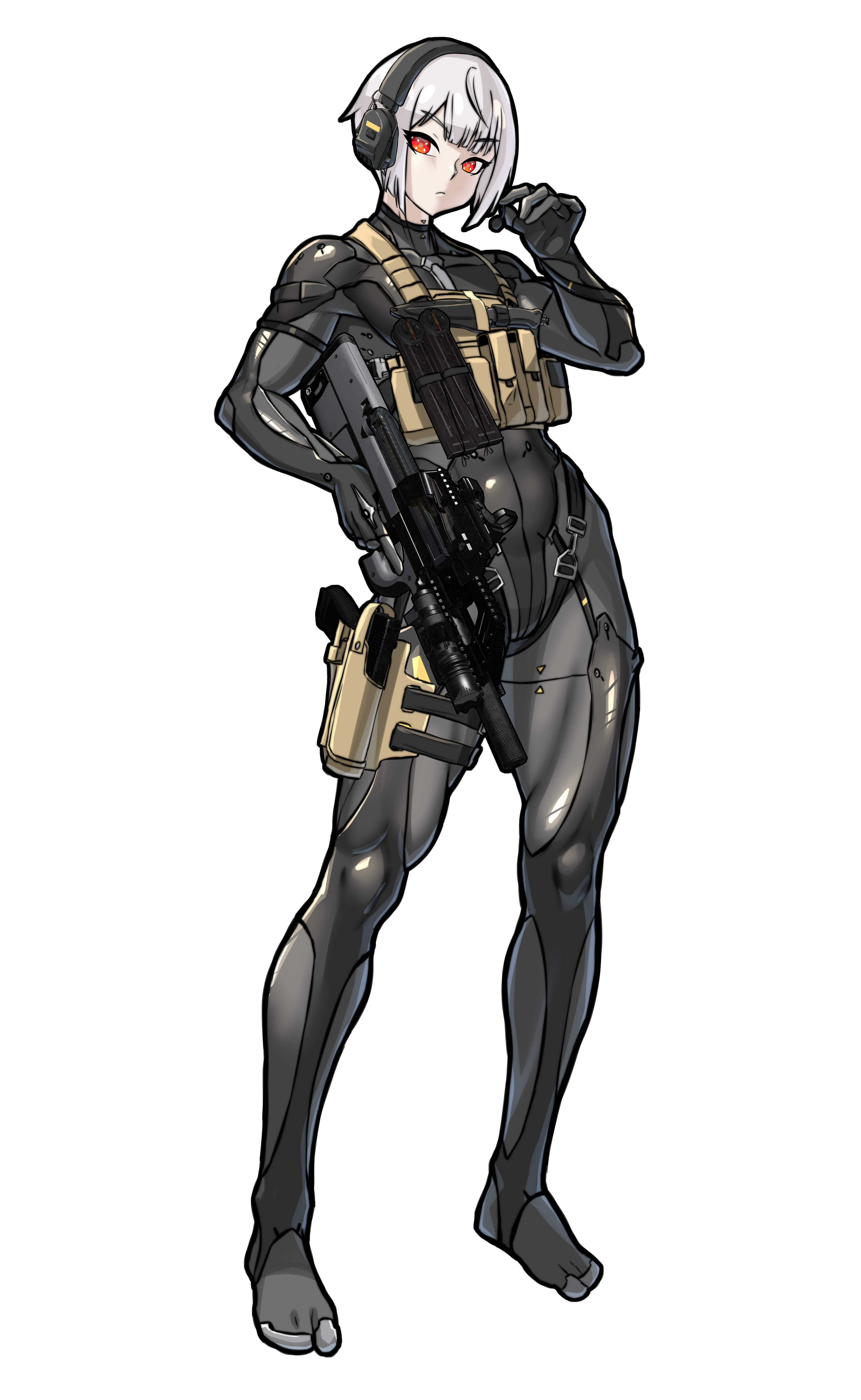 mold (pixiv6616319), original, absurdres, highres, variant set, 1girl, assault rifle, black bodysuit, bodysuit, full body, gun, headset, holding, holding gun, holding weapon, holster, impossible bodysuit, impossible clothes, load bearing vest, looking at viewer, magazine (weapon), muscular, muscular female, red eyes, rifle, shiny clothes, short hair, skin tight, solo, standing, tactical clothes, thigh holster, trigger discipline, very short hair, weapon, white hair