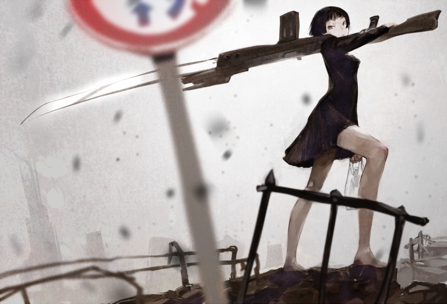nimirom, original, commentary request, 1girl, arm at side, arm up, bag, bare legs, barefoot, black dress, black hair, blurry, blurry foreground, breasts, closed mouth, debris, dress, full body, grey eyes, grey sky, gun, head tilt, holding, holding bag, holding gun, holding weapon, huge weapon, long sleeves, looking at viewer, looking to the side, medium breasts, no overtaking sign, outdoors, over shoulder, pale skin, post-apocalypse, railing, road sign, shopping bag, short bangs, short dress, short hair, sideways glance, sign, sky, solo, standing, turning head, v-shaped eyebrows, weapon, weapon over shoulder