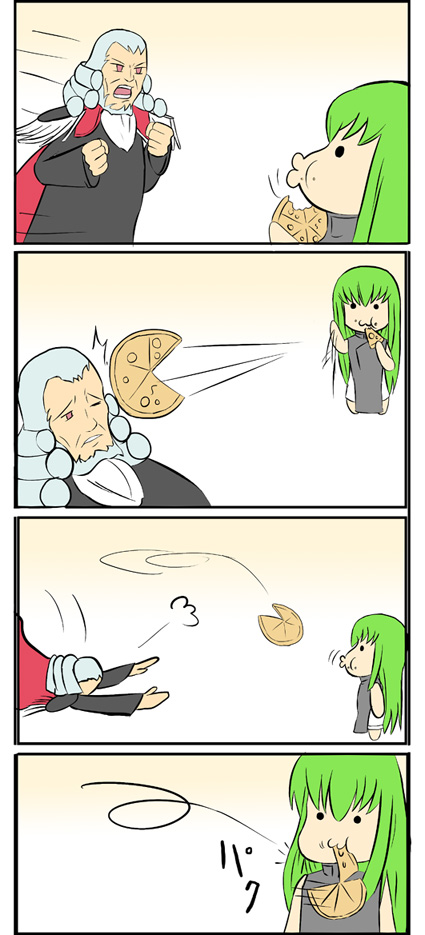mogura, c.c., charles zi britannia, code geass, long image, tall image, 00s, 4koma, :3, boomerang, chibi, comic, eating, food, green hair, o3o, pizza, silent comic