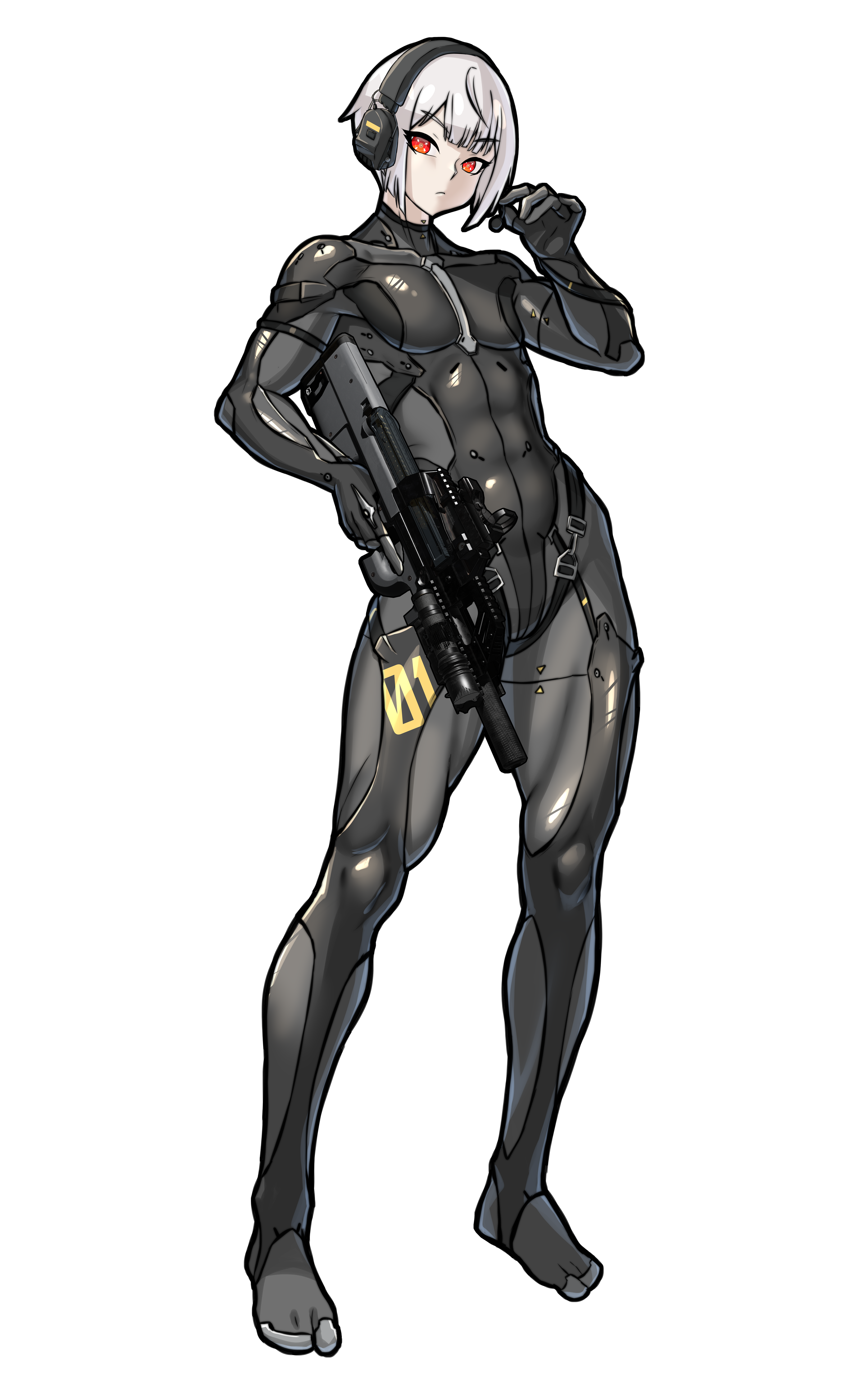 mold (pixiv6616319), original, absurdres, highres, variant set, 1girl, assault rifle, black bodysuit, bodysuit, flat chest, full body, gun, headset, holding, holding gun, holding weapon, impossible bodysuit, impossible clothes, looking at viewer, muscular, muscular female, red eyes, rifle, shiny clothes, short hair, skin tight, solo, standing, tactical clothes, trigger discipline, very short hair, weapon, white hair