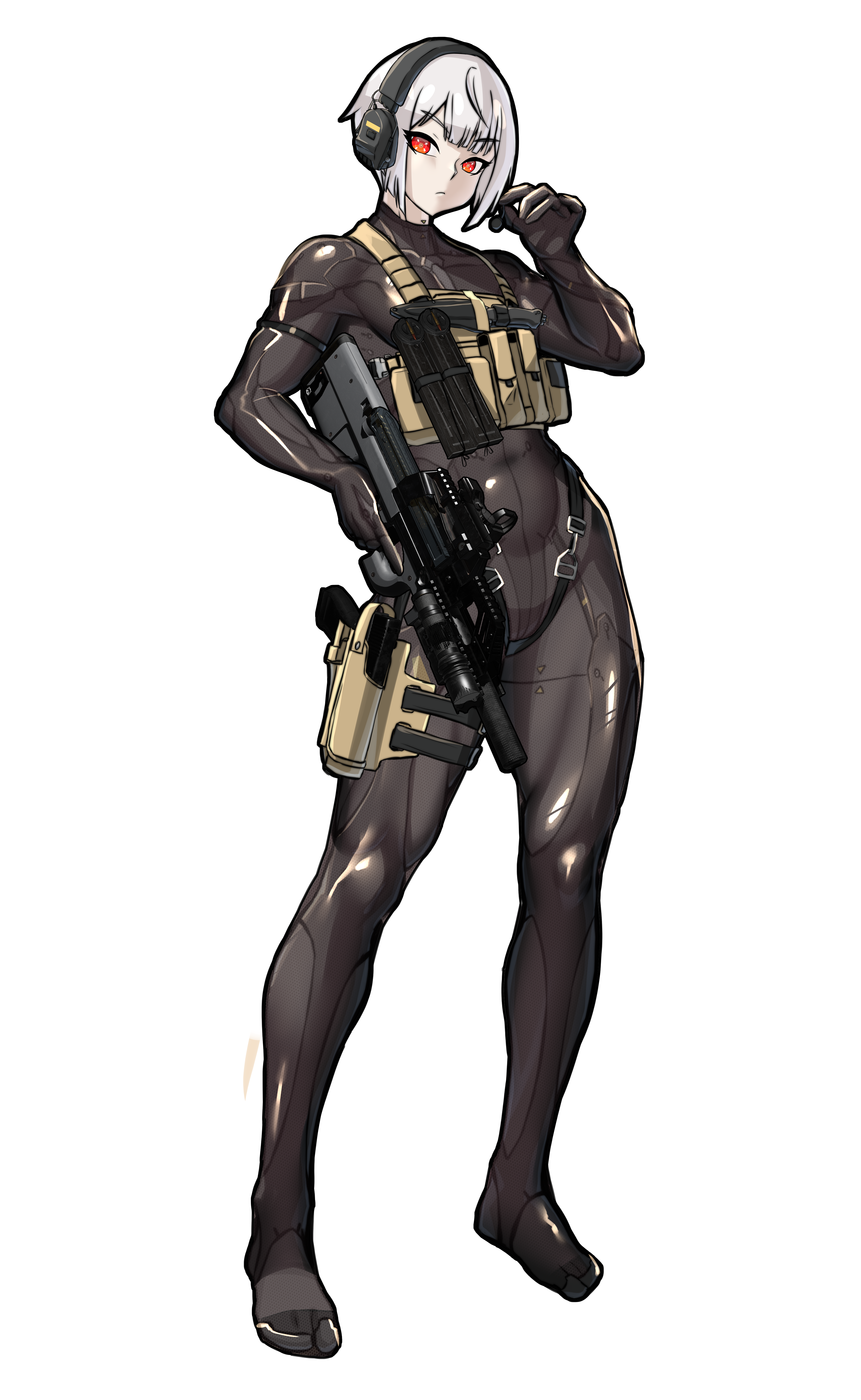 mold (pixiv6616319), original, absurdres, highres, variant set, 1girl, assault rifle, bodysuit, brown bodysuit, full body, gun, headset, holding, holding gun, holding weapon, holster, impossible bodysuit, impossible clothes, load bearing vest, looking at viewer, magazine (weapon), muscular, muscular female, red eyes, rifle, shiny clothes, short hair, skin tight, solo, standing, tactical clothes, thigh holster, trigger discipline, very short hair, weapon, white hair