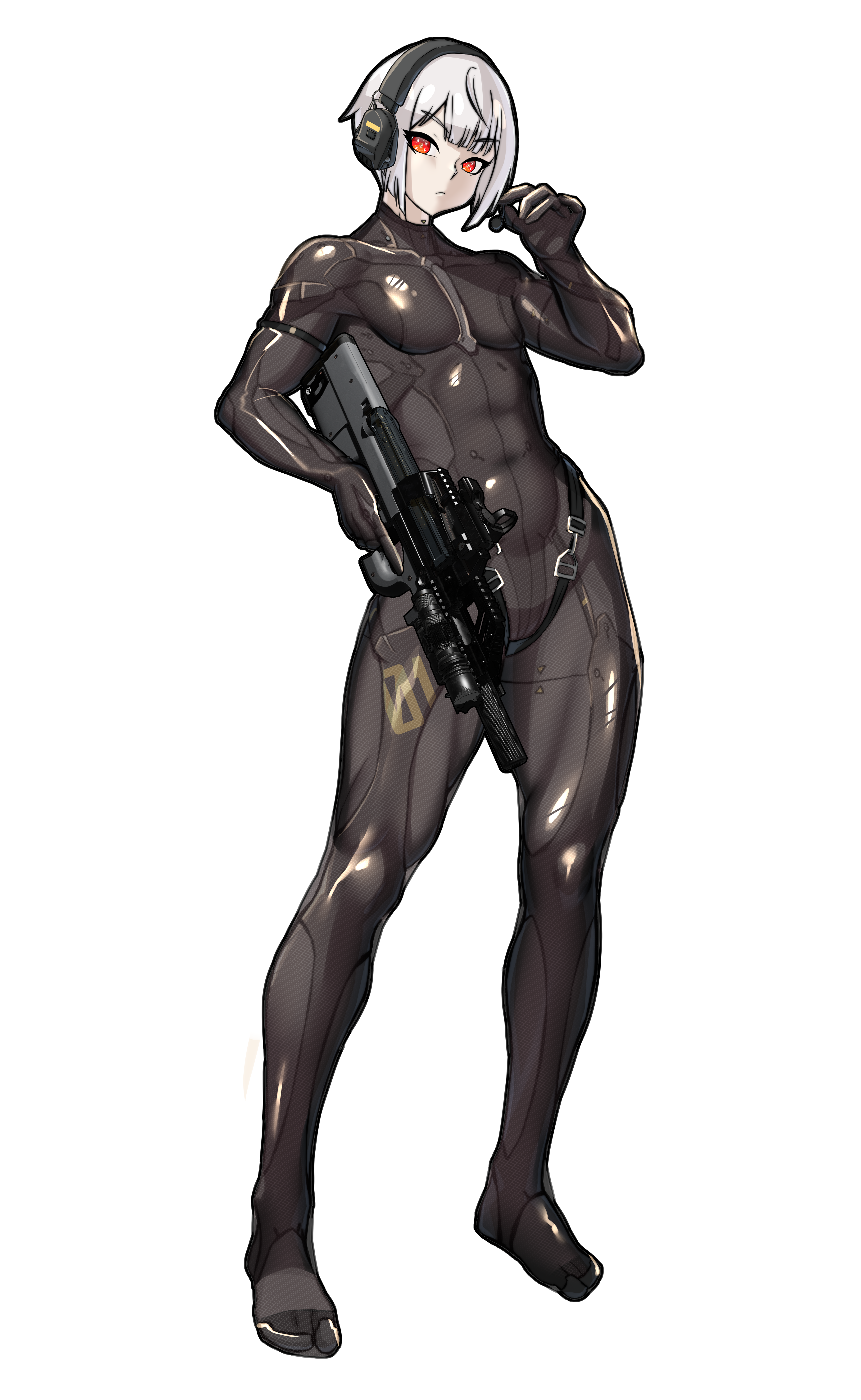 mold (pixiv6616319), original, absurdres, highres, variant set, 1girl, assault rifle, bodysuit, brown bodysuit, flat chest, full body, gun, headset, holding, holding gun, holding weapon, impossible bodysuit, impossible clothes, looking at viewer, muscular, muscular female, red eyes, rifle, shiny clothes, short hair, skin tight, solo, standing, tactical clothes, trigger discipline, very short hair, weapon, white hair