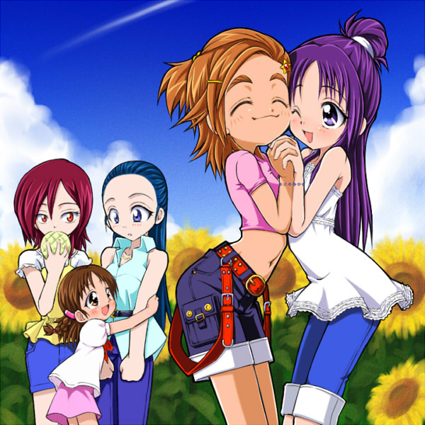 sanoji, santoo takeshi, hyuuga minori, hyuuga saki, kiryuu kaoru, kiryuu michiru, mishou mai, futari wa precure splash star, precure, arm grab, 00s, 5girls, babydoll t-shirt, belt, blue eyes, blue hair, blush, bracelet, braid, bread, brown eyes, brown hair, casual, child, closed eyes, cloud, crop top, day, dress, eating, flower, food, hair held back, hair ornament, hairclip, half updo, happy, holding hands, hug, jewelry, long hair, melon bread, midriff, multiple girls, navel, orange hair, pencil skirt, ponytail, purple eyes, purple hair, red eyes, red hair, short hair, shorts, skirt, sky, sleeveless, smile, sunflower