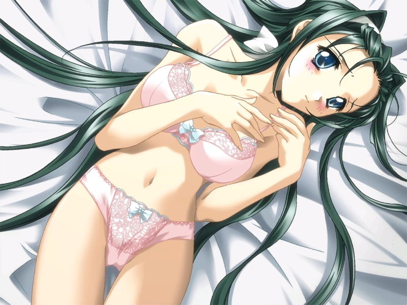 minamikaze rema, hikami arisa, rasen kairou 2, game cg, non-web source, 1girl, bed, blue eyes, blush, bow, bow bra, bow panties, bra, female focus, green hair, lingerie, long hair, lying, panties, solo, underwear, underwear only