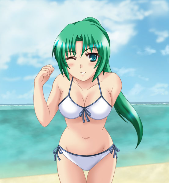 sonozaki mion, higurashi no naku koro ni, 00s, 1girl, beach, bikini, blush, breasts, cleavage, cloud, collarbone, day, female focus, green eyes, green hair, large breasts, long hair, matching hair/eyes, navel, ocean, one eye closed, outdoors, ponytail, sand, side-tie bikini bottom, sky, smile, solo, standing, swimsuit, waves, white bikini, wink