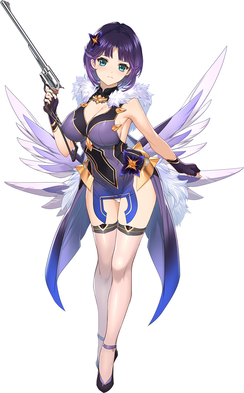 min-naraken, choukou (alicesoft), choukou taisen escalation heroines, highres, official art, 1girl, angel, angel wings, bare legs, blue eyes, breasts, cleavage, dress, fingerless gloves, full body, fur trim, gloves, gun, handgun, holding, holding gun, holding weapon, large breasts, mole, prokion (escalation heroines), purple dress, purple hair, revolver, see-through clothes, see-through thighhighs, short hair, solo, tachi-e, thighhighs, weapon, wings