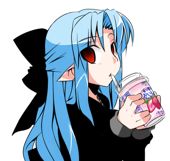 beniboshi, len (tsukihime), melty blood, tsukihime, type-moon, 00s, 1girl, black dress, blue hair, bow, capelet, dress, drinking, female focus, hair bow, half updo, pointy ears, red eyes, ribbon, solo