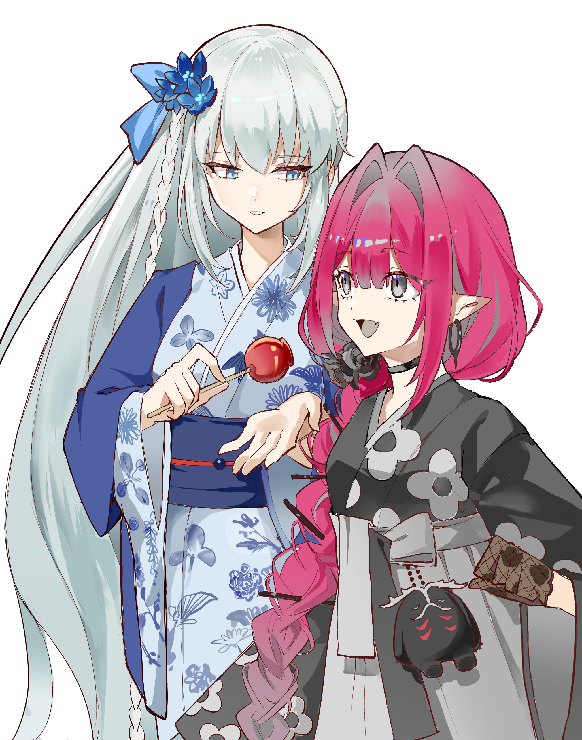 hookyourist, baobhan sith (fate), baobhan sith (over the same sky) (fate), cernunnos (fate), morgan le fay (fate), morgan le fay (fgo fes. 2023) (fate), fate/grand order, fate (series), absurdres, highres, 2girls, black gloves, black kimono, blue eyes, blue kimono, braid, candy apple, choker, floral print, food, gloves, grey eyes, japanese clothes, kimono, long hair, mother and daughter, multiple girls, open mouth, pink hair, pointy ears, side braid, single braid, smile, stuffed toy, white hair