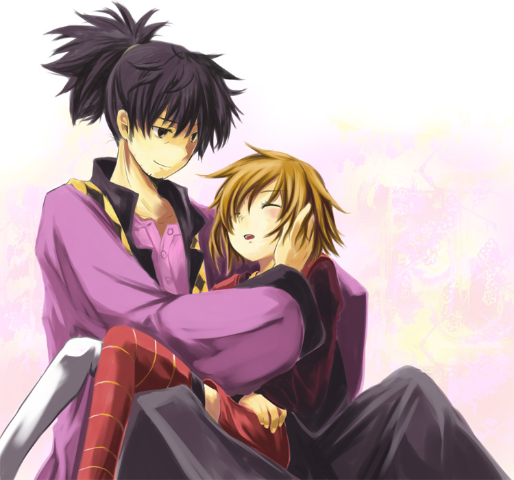 kiri nada, raven (tales), rita mordio, tales of (series), tales of vesperia, 00s, 1boy, 1girl, hand on another's face, sitting, sitting on lap, sitting on person, sleeping, thighhighs, zettai ryouiki