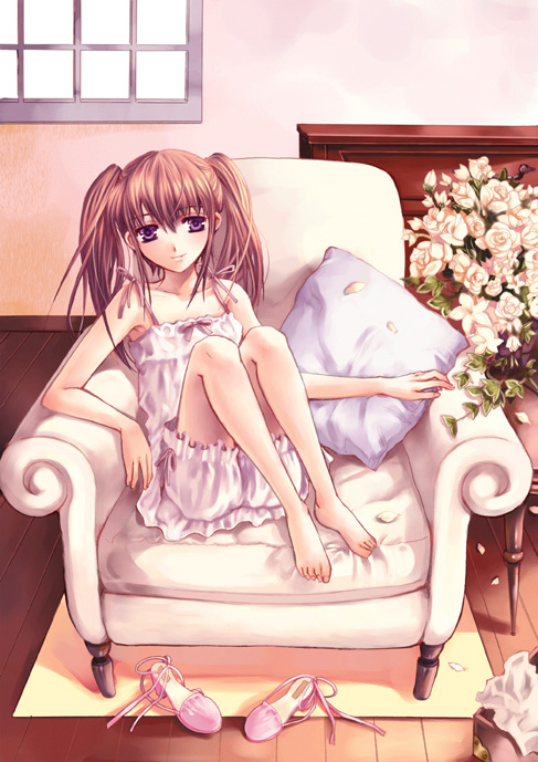 macchatei koeda, original, 1girl, armchair, barefoot, bloomers, bouquet, brown hair, camisole, chair, couch, feet, feet on chair, female focus, flower, light smile, long hair, looking at viewer, petals, pillow, purple eyes, rose, rose petals, shoes, sitting, sleeveless, solo, twintails, underwear, unworn shoes, white bloomers, white flower, white rose