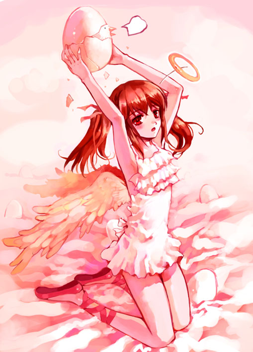 macchatei koeda, angel, baby animal, bird, chick, egg, halo, kneeling, long hair, red eyes, red hair, solo, twintails, wings