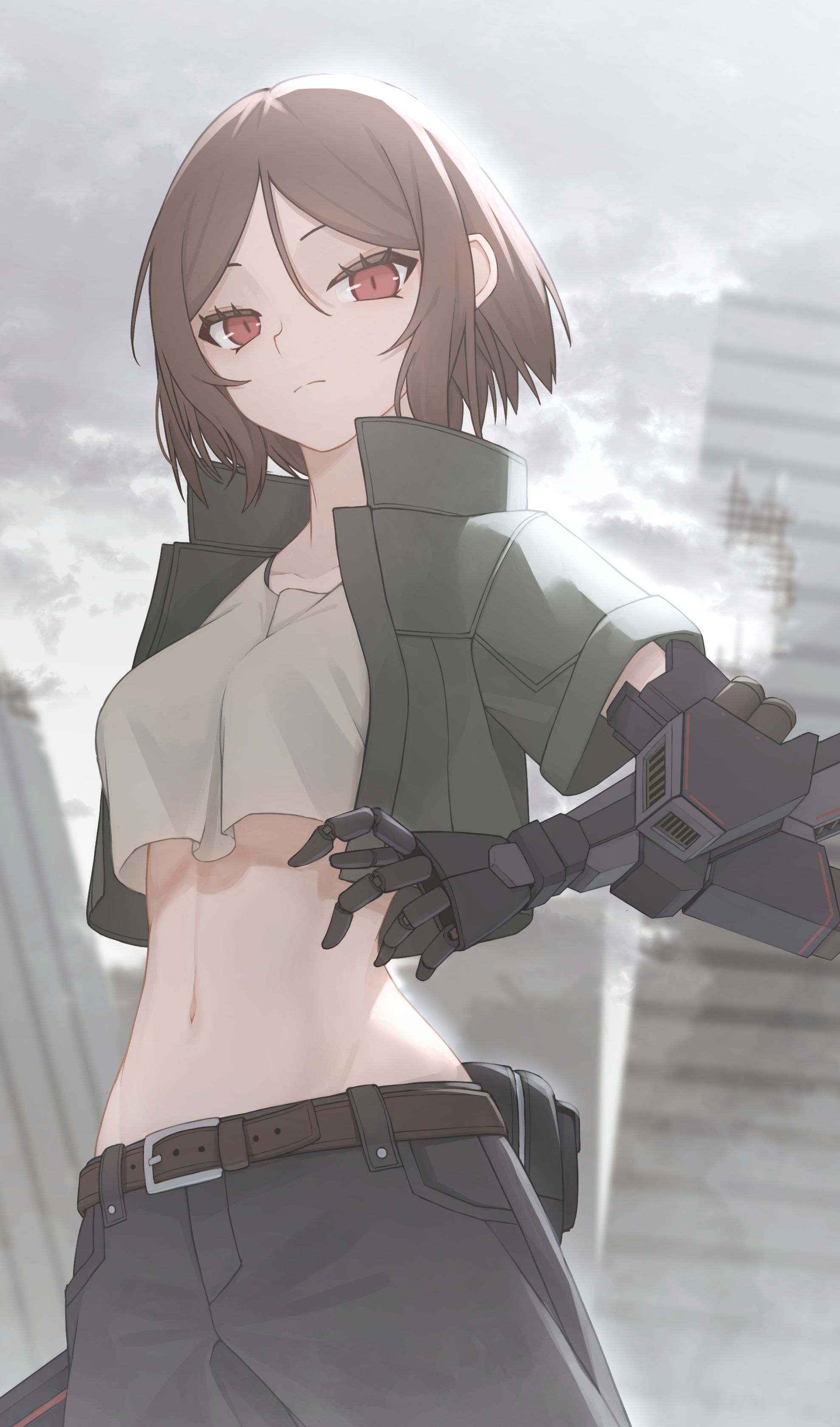 hoshi shimeji (yuki-e-toriusu1), original, absurdres, highres, 1girl, belt, belt pouch, brown eyes, brown hair, crop top, cropped jacket, green jacket, jacket, looking at viewer, midriff, navel, pants, pouch, prosthesis, prosthetic arm, ruins, short hair, solo