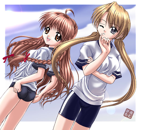 karen (sister princess), sakuya (sister princess), sister princess, 00s, bike shorts, braid, brown eyes, brown hair, buruma, cameltoe, gym uniform, long hair, purple eyes, twin braids, twintails