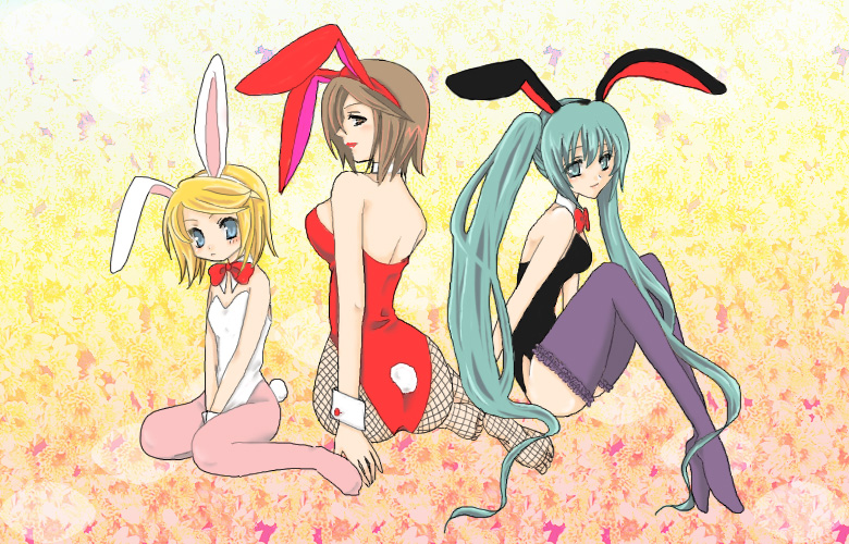 taki (vocalfan), hatsune miku, kagamine rin, meiko (vocaloid), vocaloid, 3girls, animal ear hairband, animal ears, aqua eyes, aqua hair, blonde hair, blue eyes, brown eyes, brown hair, fake animal ears, fishnet pantyhose, fishnets, hairband, long hair, multiple girls, pantyhose, playboy bunny, rabbit ear hairband, rabbit ears, short hair, thighhighs, twintails