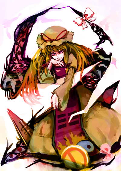 rokumen saikoro, yakumo yukari, touhou, 1girl, female focus, gap (touhou), hat, long hair, ribbon, solo, white background