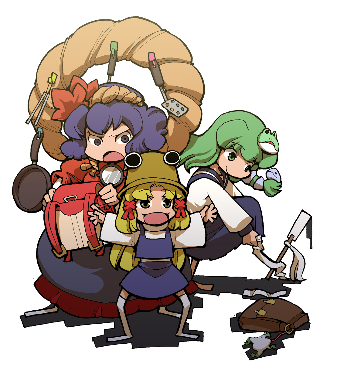 hounori, kochiya sanae, moriya suwako, yasaka kanako, touhou, bad id, bad pixiv id, highres, 3girls, blonde hair, blue eyes, blue hair, female focus, frog, green eyes, green hair, hair ornament, hat, leaf hair ornament, multiple girls, open mouth