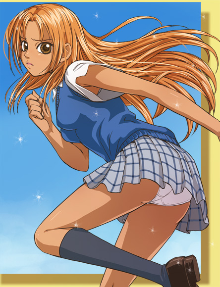 haruyama kazunori, adachi momo, peach girl, black legwear, 1girl, armpit peek, ass, breasts, brown eyes, clenched hand, female focus, floating hair, from side, frown, gradient background, grey skirt, gyaru, kogal, leaning forward, leg lift, loafers, long hair, medium breasts, miniskirt, orange hair, panties, pantyshot, parted bangs, plaid clothes, plaid skirt, pleated skirt, running, school uniform, serafuku, shirt, shoes, short sleeves, skirt, solo, sparkle, standing, sweater vest, tan, underwear, very long hair, white panties