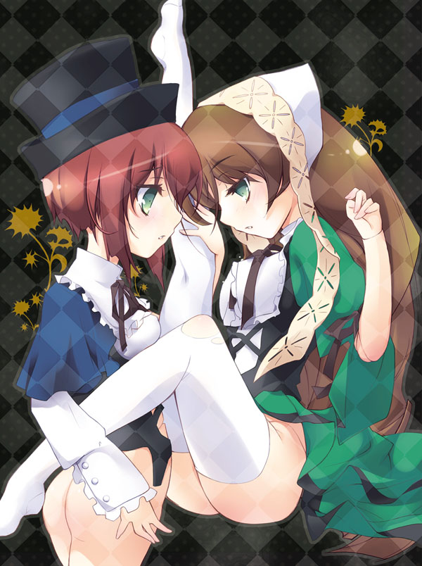 room603, souseiseki, suiseiseki, rozen maiden, 00s, 2girls, ass, blush, brown hair, doll joints, green hair, hat, headscarf, incest, joints, leg lift, long hair, multiple girls, red hair, ribbon, short hair, siblings, sisters, sitting, socks, standing, thighhighs, torn clothes, twincest, twins, white headscarf, white thighhighs, yuri