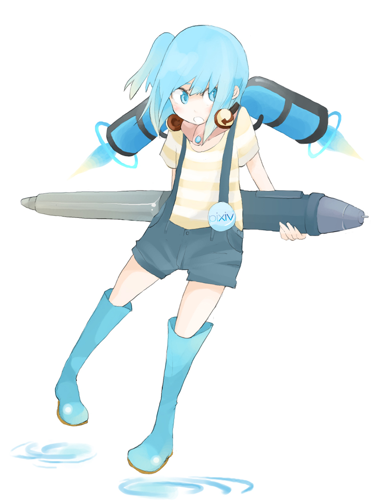 tansuke, pixiv-tan, pixiv, 1girl, blue eyes, blue hair, boots, female focus, matching hair/eyes, pen, short hair, shorts, solo, suspenders