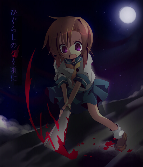 ryuuguu rena, higurashi no naku koro ni, 00s, 1girl, billhook, blood, female focus, hashitsuki nata, hatchet, moon, nata (tool), night, orange hair, purple eyes, school uniform, serafuku, solo