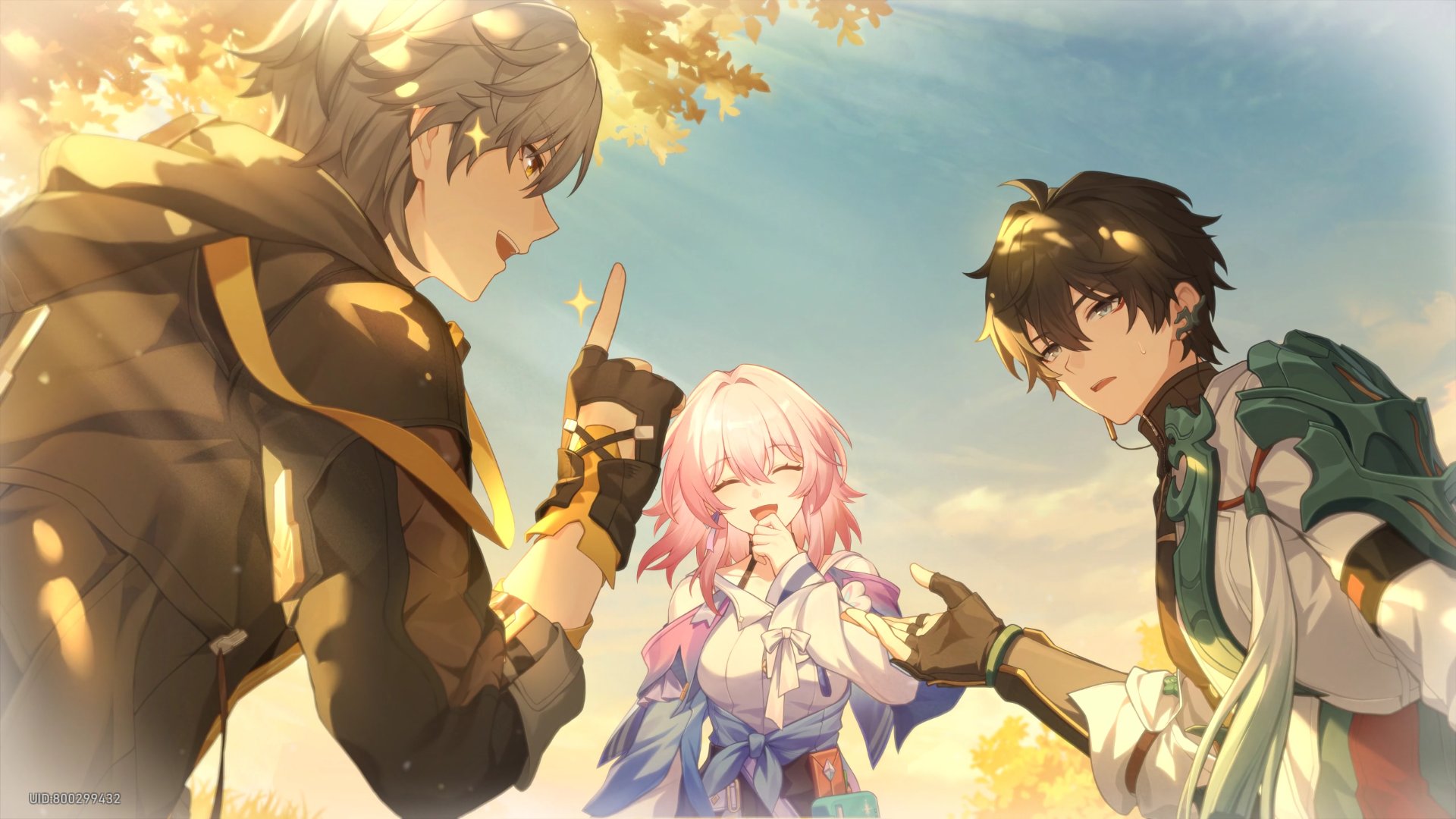 caelus (honkai: star rail), dan heng (honkai: star rail), dan heng (hunt) (honkai: star rail), march 7th (honkai: star rail), march 7th (preservation) (honkai: star rail), trailblazer (honkai: star rail), honkai: star rail, honkai (series), highres, official art, second-party source, 1girl, 2boys, armor, black coat, black gloves, black hair, black shirt, black skirt, blue eyes, blue jacket, blue ribbon, blue sky, bow, breasts, camera, chinese clothes, clenched hand, closed eyes, cloud, cloudy sky, coat, collarbone, collared shirt, day, earrings, eyeliner, fingerless gloves, fingernails, flower, flower ornament, from behind, gloves, grey hair, hair between eyes, half-closed eyes, hand up, hood, hooded coat, index finger raised, jacket, jewelry, long sleeves, looking at another, makeup, medium breasts, multiple boys, open mouth, outdoors, pink hair, puffy long sleeves, puffy sleeves, red eyeliner, ribbon, shirt, short hair, shoulder armor, sidelocks, single earring, skirt, sky, smile, sparkle, sunlight, sweatdrop, tassel, teeth, tied jacket, tree, white bow, white coat, white flower, white shirt, yellow eyes