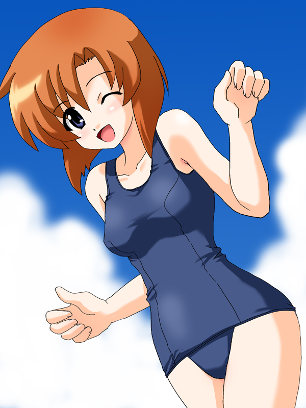ryuuguu rena, higurashi no naku koro ni, 00s, blue eyes, one-piece swimsuit, one eye closed, orange hair, school swimsuit, solo, swimsuit, wink