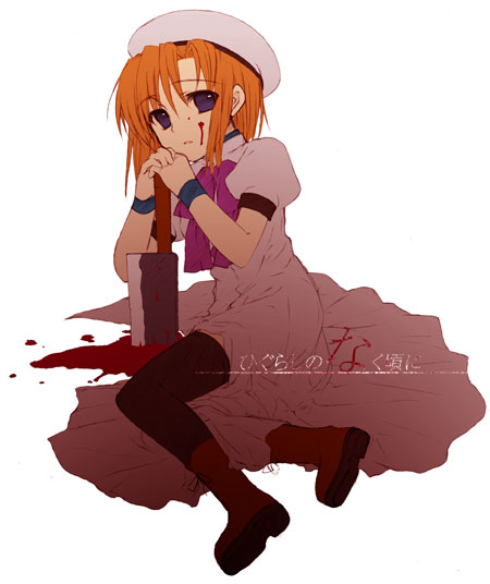 ryuuguu rena, higurashi no naku koro ni, 00s, 1girl, billhook, blood, dress, female focus, hashitsuki nata, hatchet, nata (tool), orange hair, solo